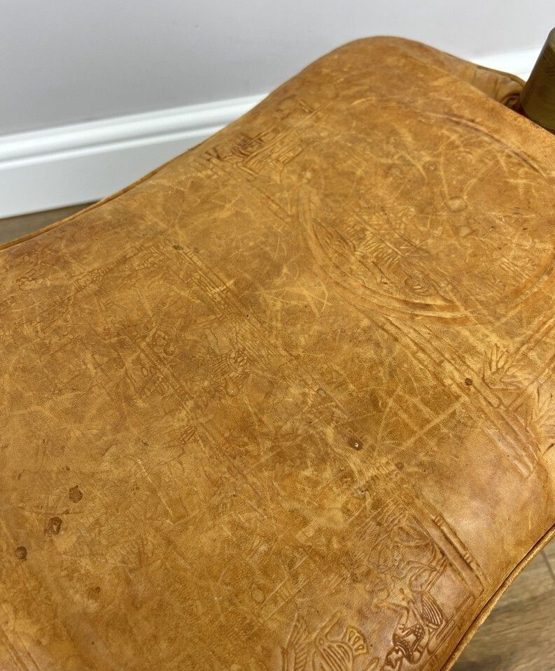 photo vinterior Footstool Vintage Style Oak Stool Brass Upholstered Leather Seat Lot 4957