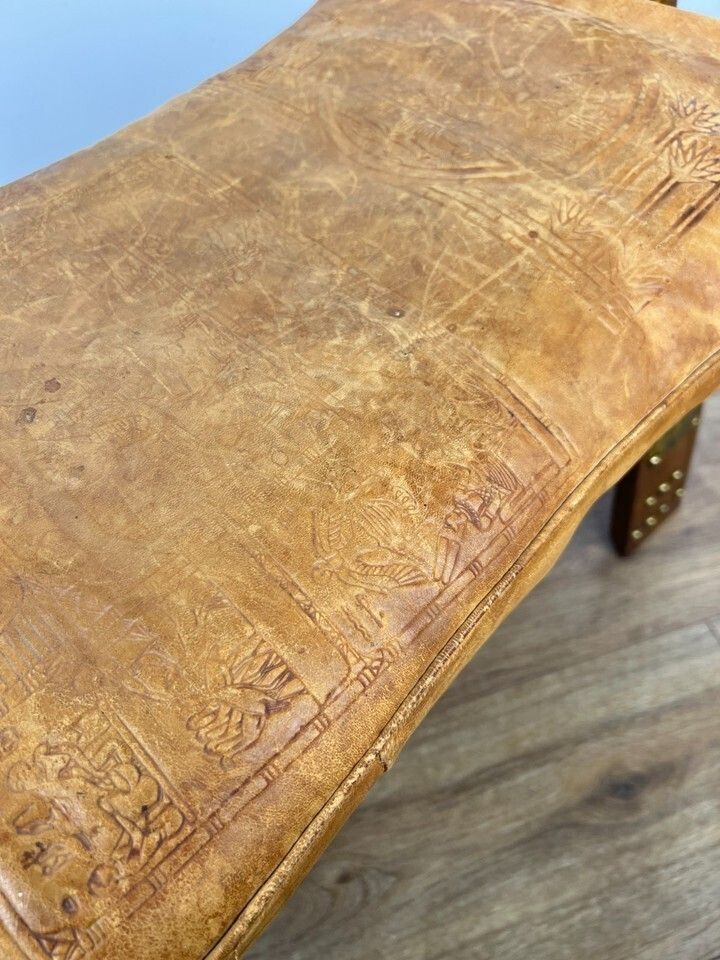 photo vintage Footstool Vintage Style Oak Stool Brass Upholstered Leather Seat Lot 4957