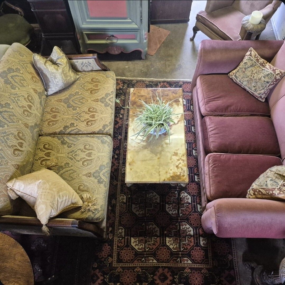 A Fab Vintage 1930 Art Deco Sily Damask Blues & Greens Oak Frame Two Seater Sofa photo for sale