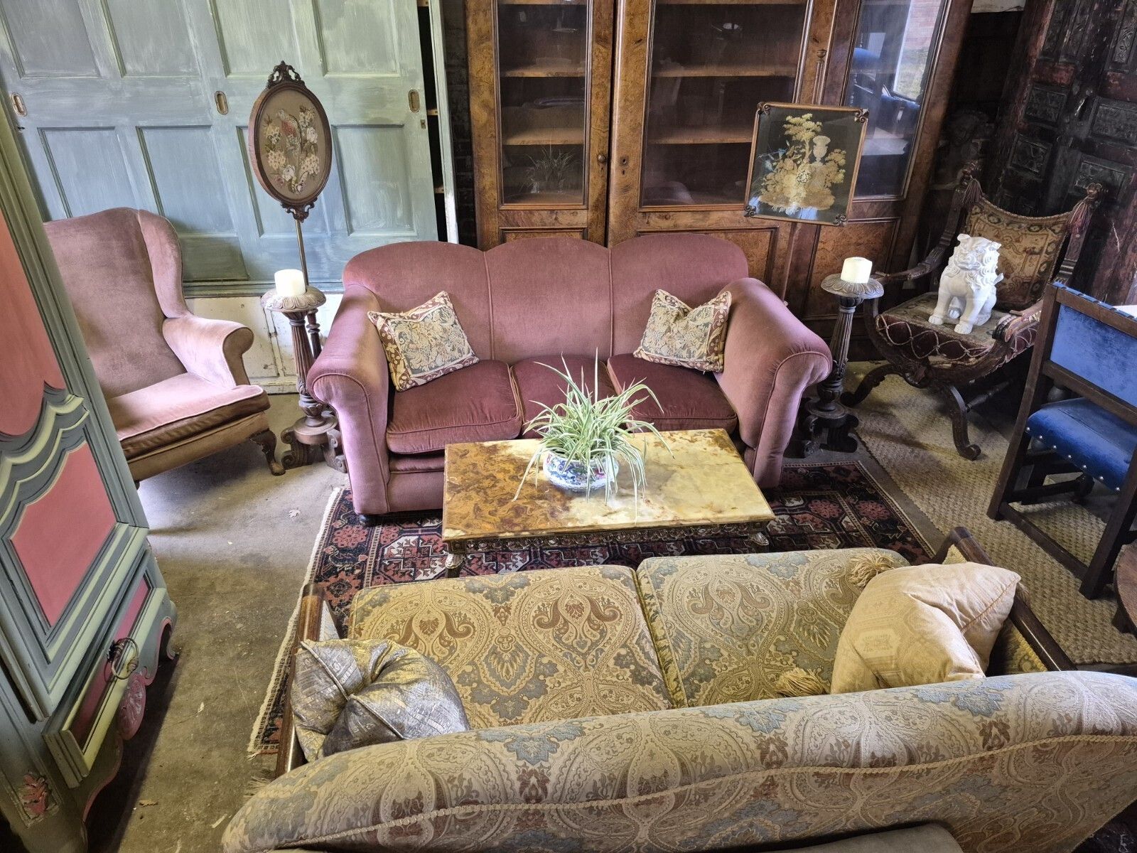 A Fab Vintage 1930 Art Deco Sily Damask Blues & Greens Oak Frame Two Seater Sofa photo 335.0