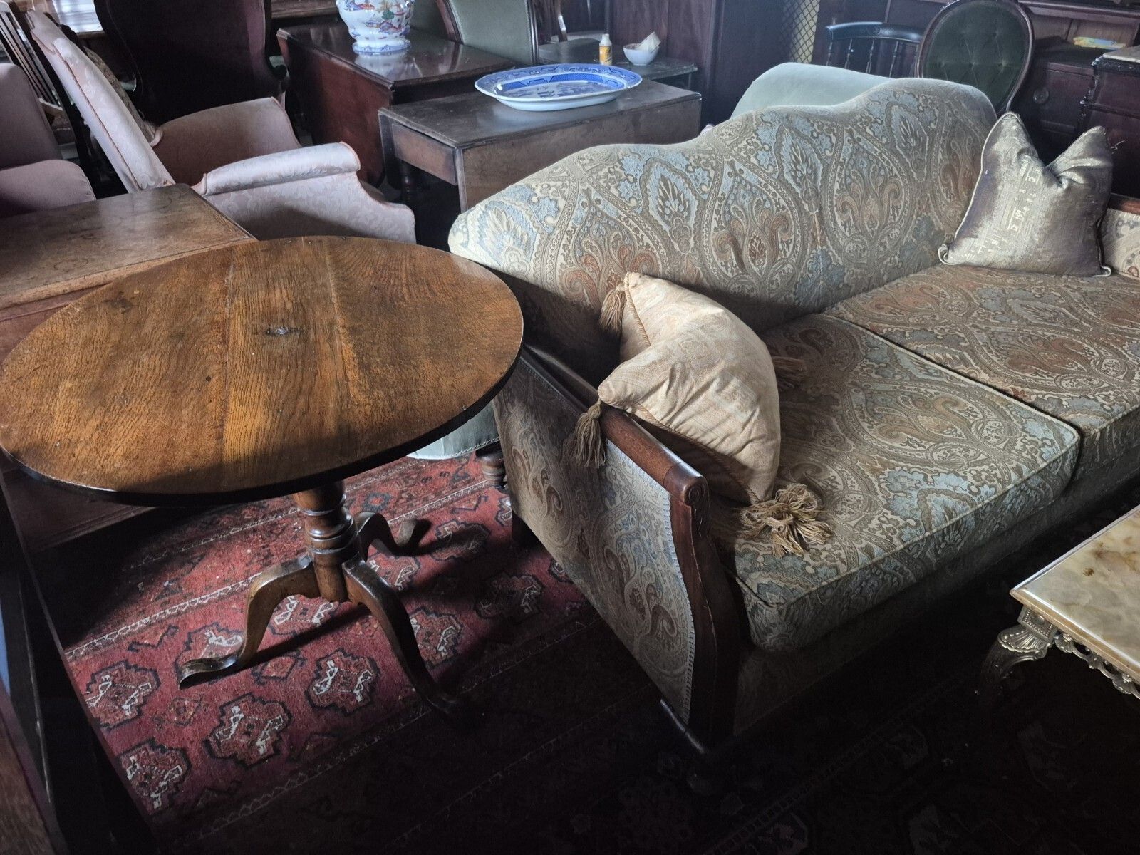 A Fab Vintage 1930 Art Deco Sily Damask Blues & Greens Oak Frame Two Seater Sofa photo buy