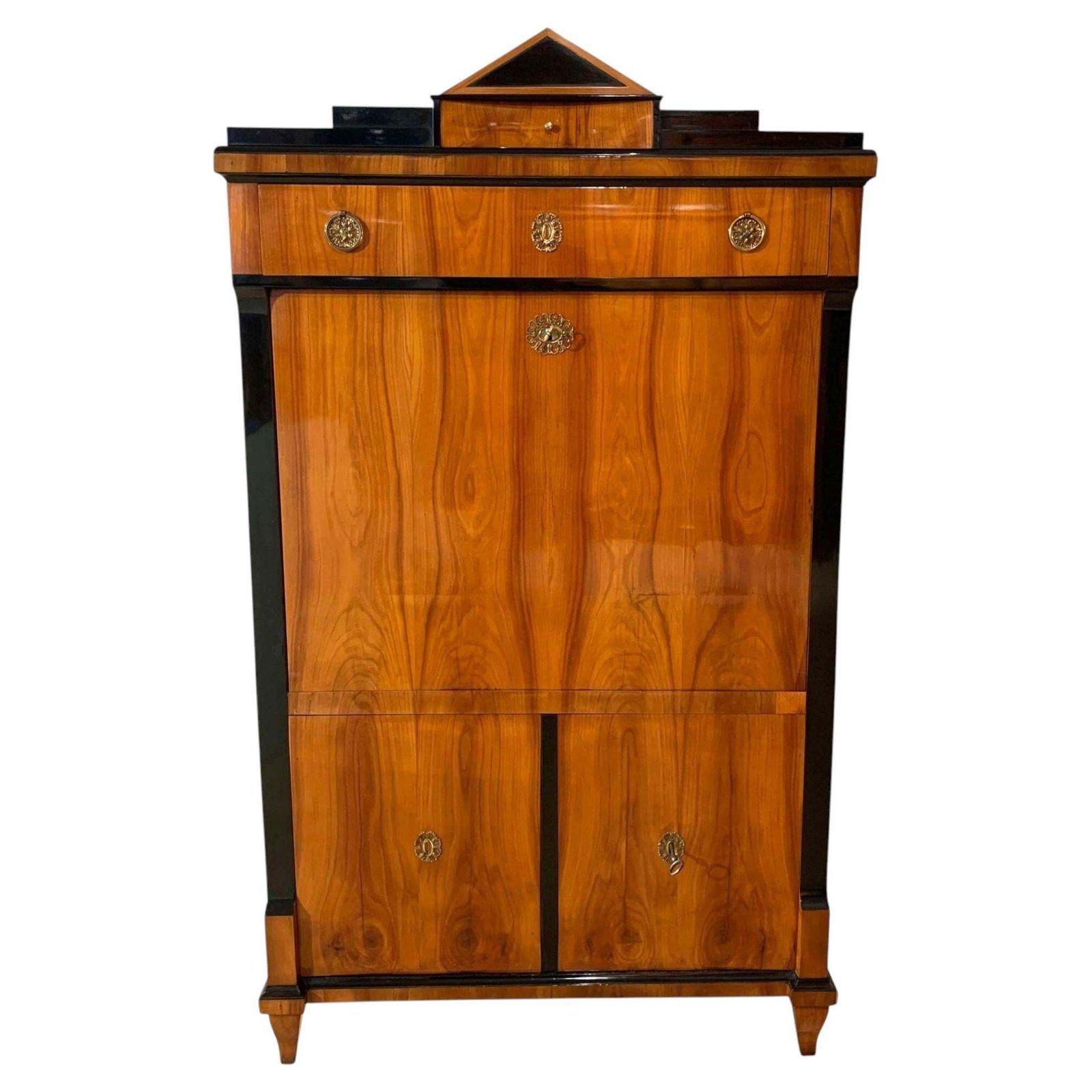 Biedermeier Secretaire, Cherry Veneer, Ebonized, Brass, South Germany Circa 1820