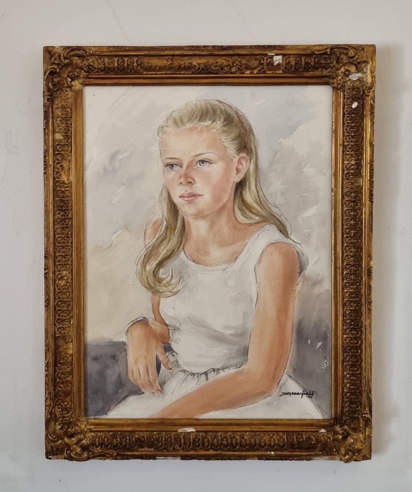 Vintage 1960 Portrait Painting Young Lady Signed Watercolour Ornate Gold Frame photo furniture