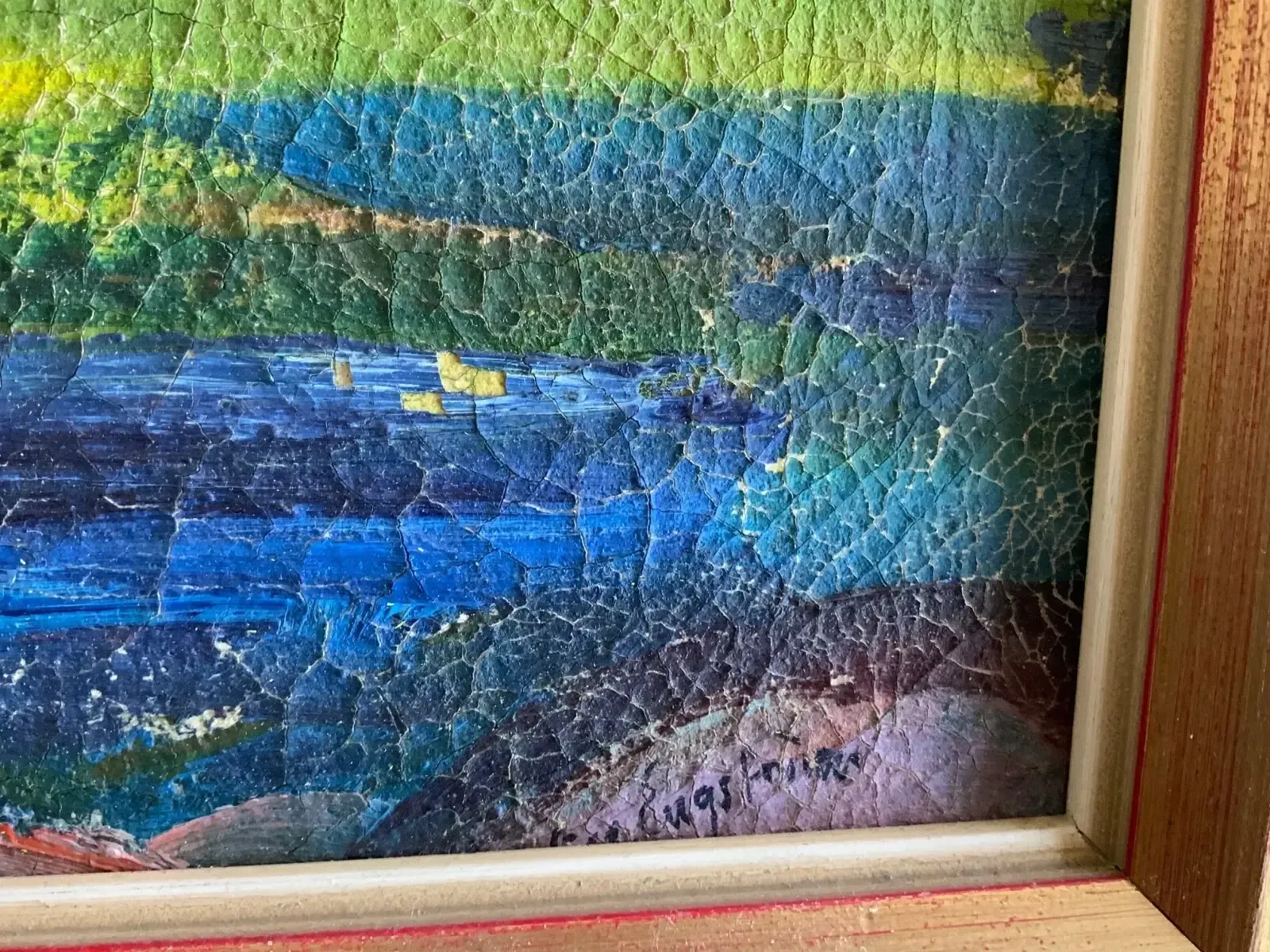 photo vinterior Modernist Vintage Oil Painting Landscape In Blue Signed By Wage Engstrom 1960s