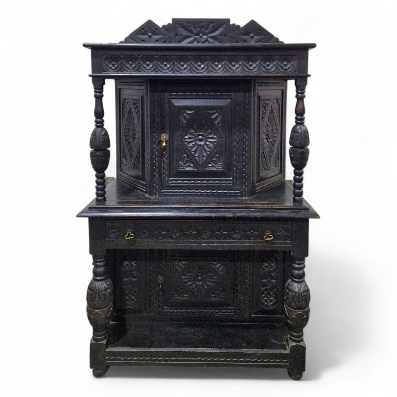 Antique Oak Court Cupboard   Heavily Carved Double Cupboard / Cabinet Ebonised