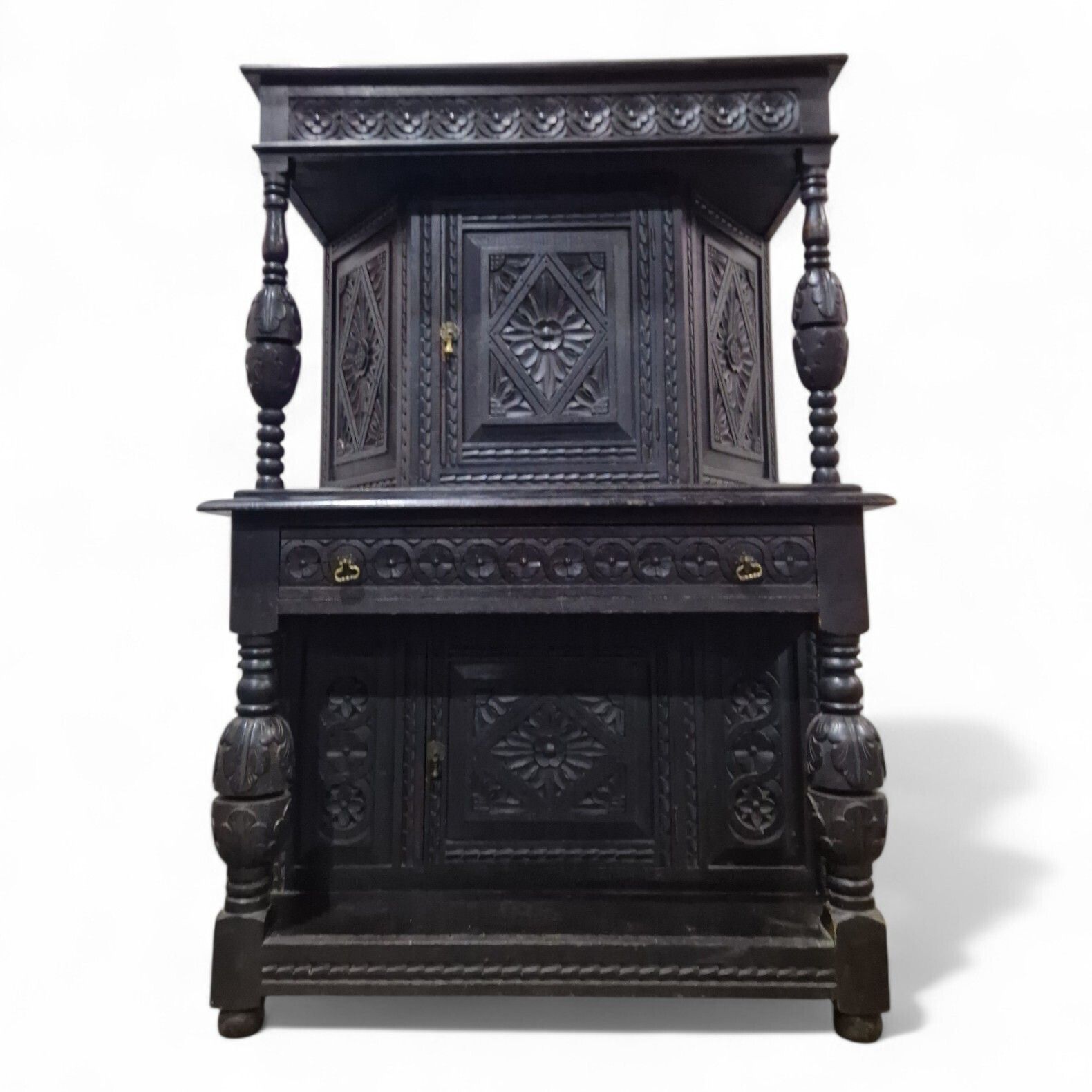 Antique Oak Court Cupboard   Heavily Carved Double Cupboard / Cabinet Ebonised photo buy