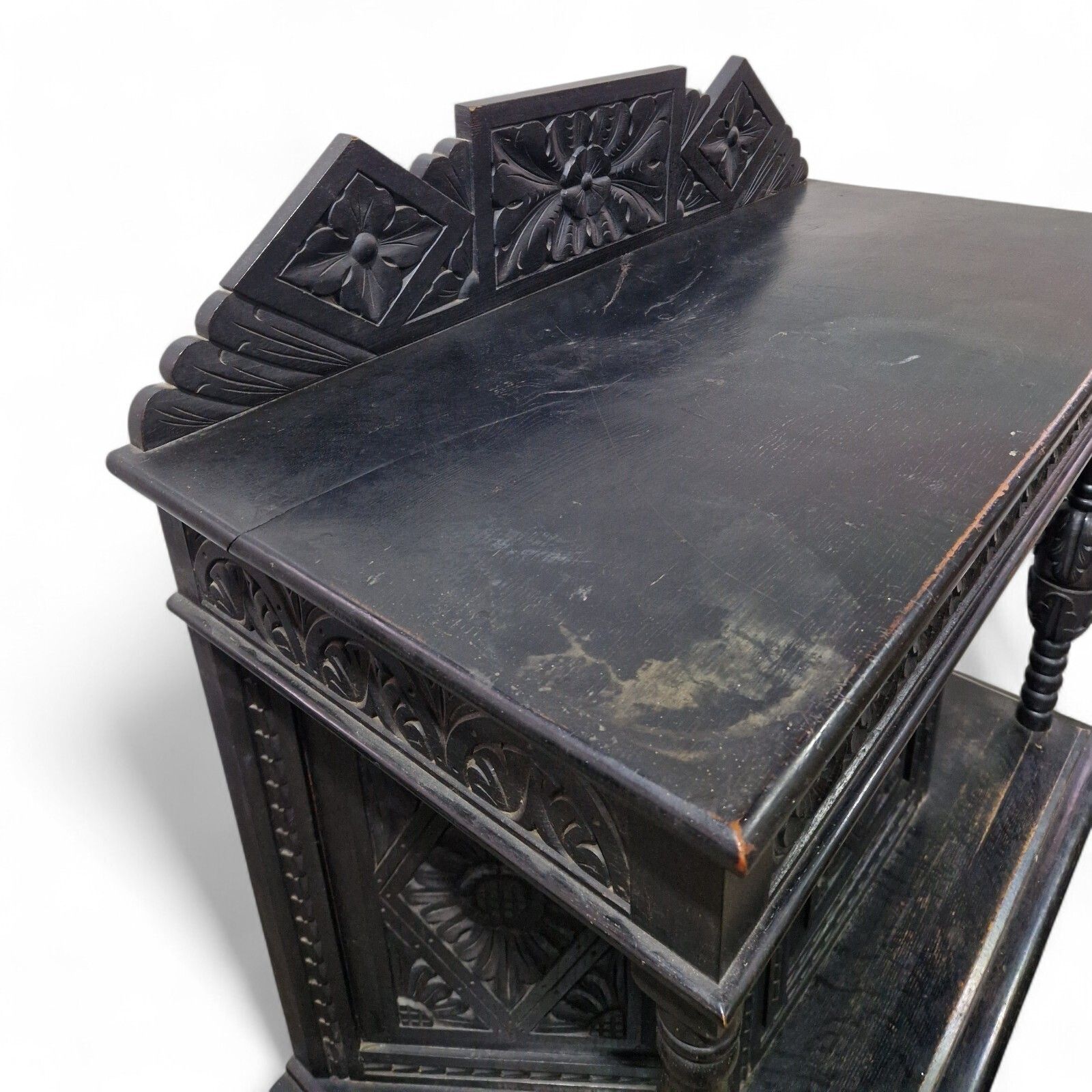 Antique Oak Court Cupboard   Heavily Carved Double Cupboard / Cabinet Ebonised photo vintage