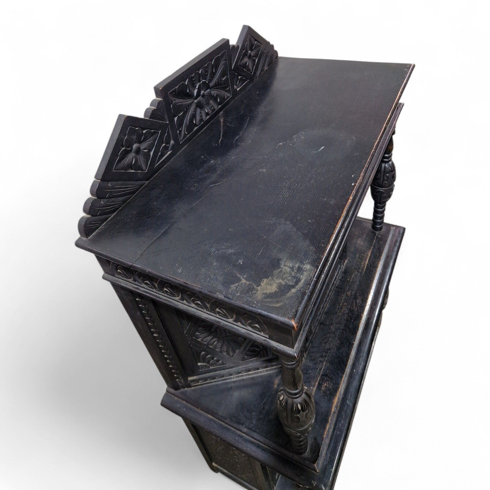 photo furniture Antique Oak Court Cupboard   Heavily Carved Double Cupboard / Cabinet Ebonised