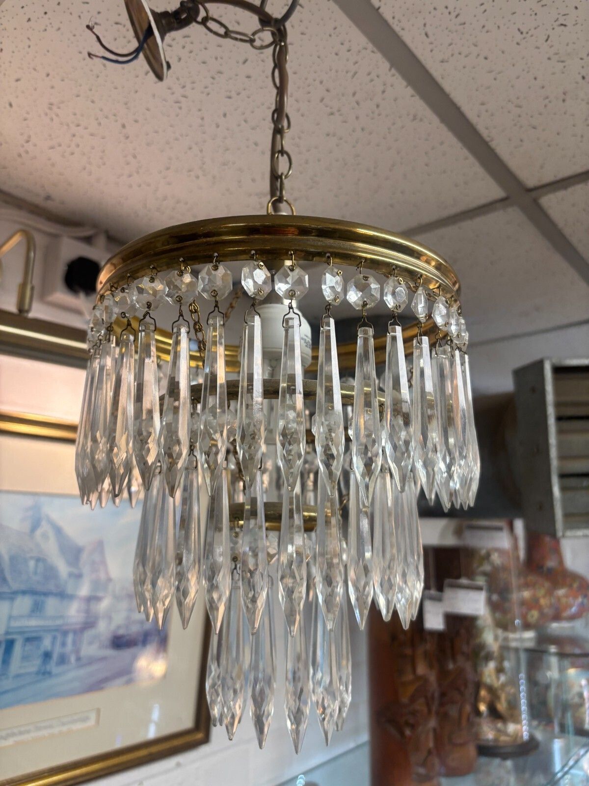 Pair Of 1970's French Style Three Tier Crystal Glass Spokes Chandeliers photo buy
