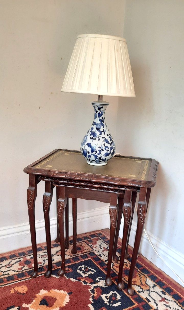 Vintage Reproduction Nest Of Three Tables Green Leather Inlay Queen Anne Legs