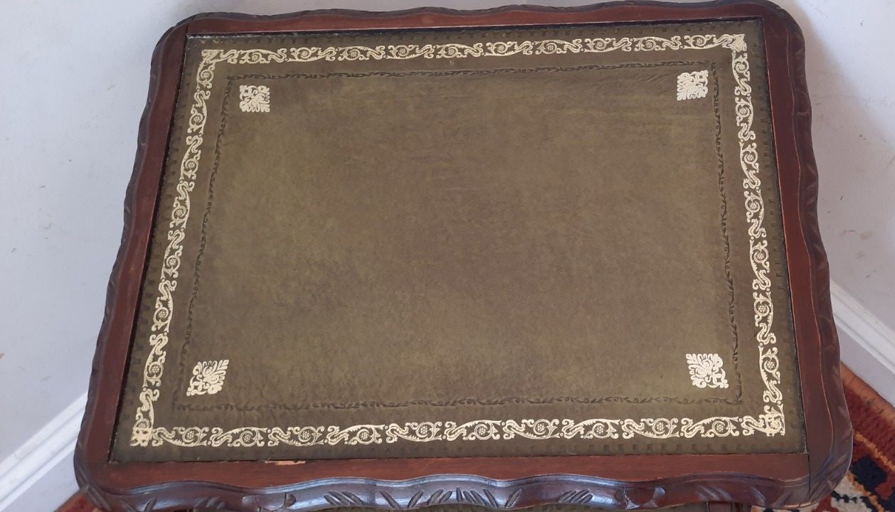 Vintage Reproduction Nest Of Three Tables Green Leather Inlay Queen Anne Legs photo buy