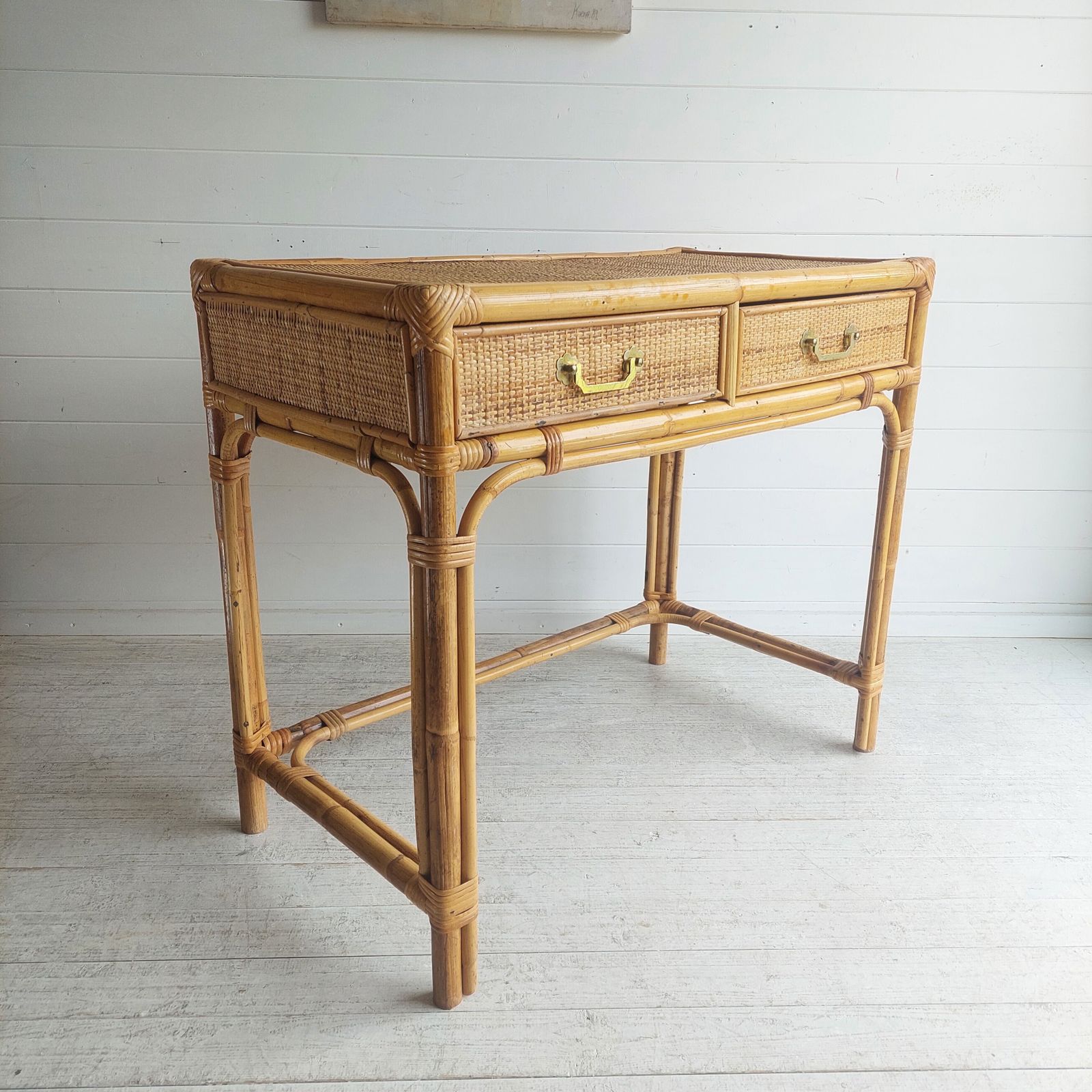 photo for sale Mid Century Bamboo & Rattan Dressing Table Vintage Angraves Desk Console Table 70s