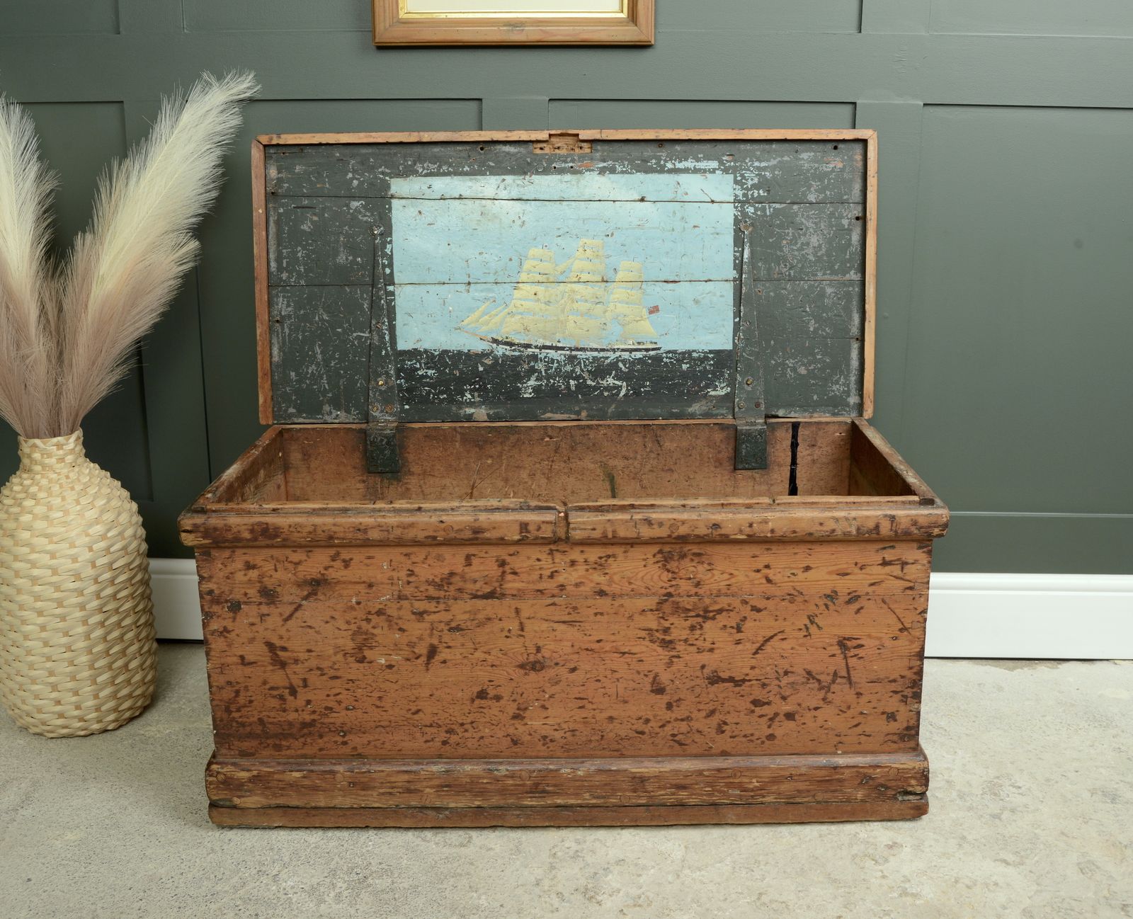 500.0 Antique Pine Trunk   Painted Ship photo