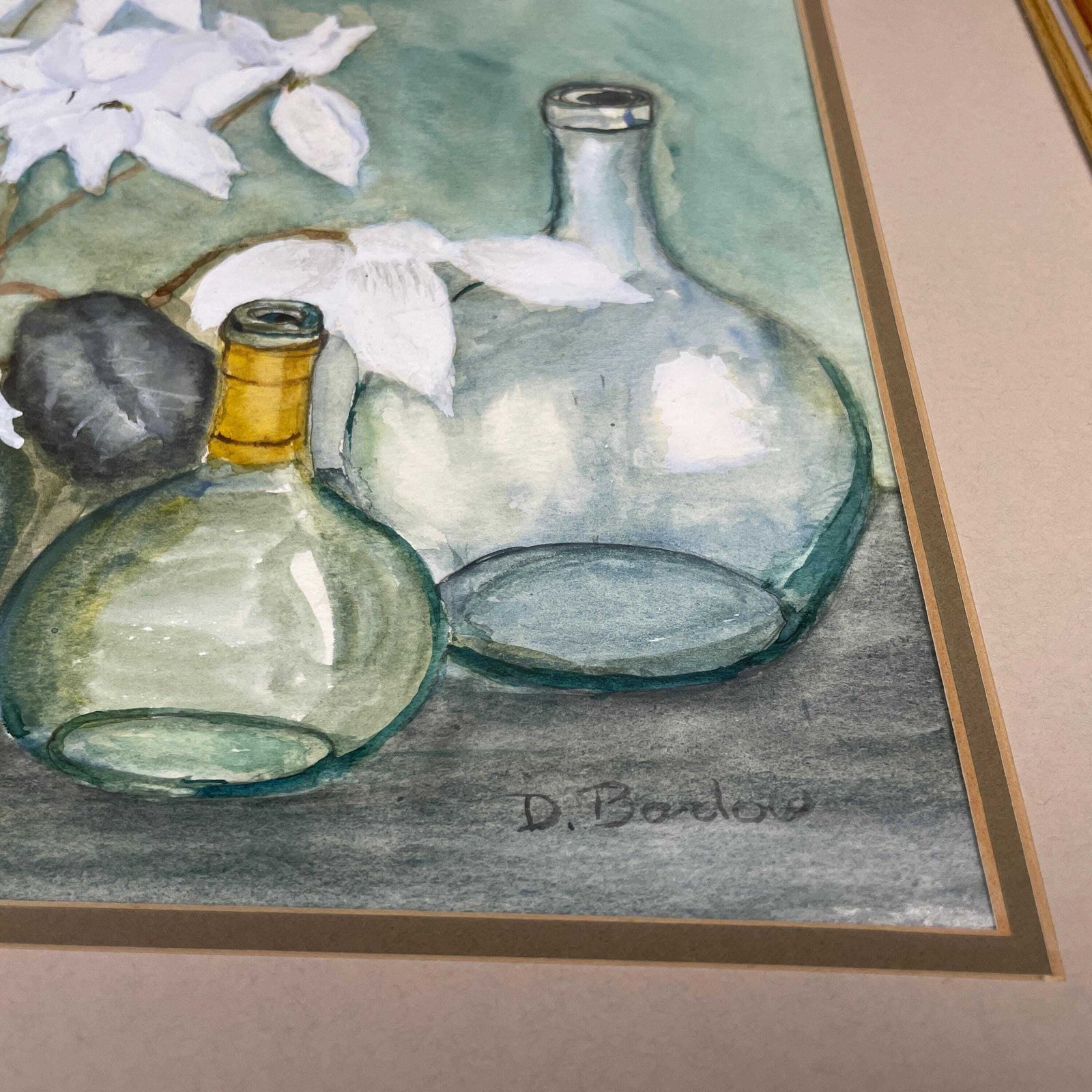 Floral Watercolour Still Life Painting Signed Framed Green Tones Original Botanical Art Artwork Picture Wall Decor Wooden Frame photo furniture