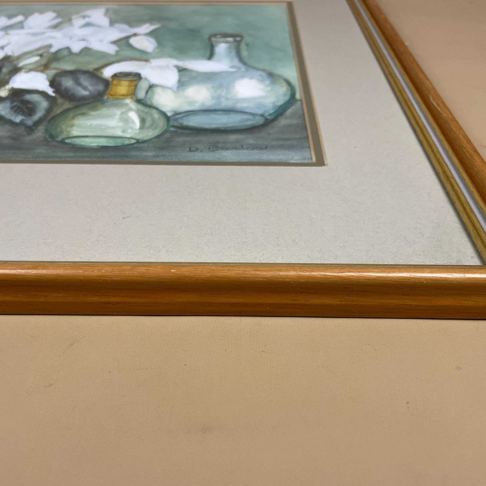 Floral Watercolour Still Life Painting Signed Framed Green Tones Original Botanical Art Artwork Picture Wall Decor Wooden Frame photo vinterior