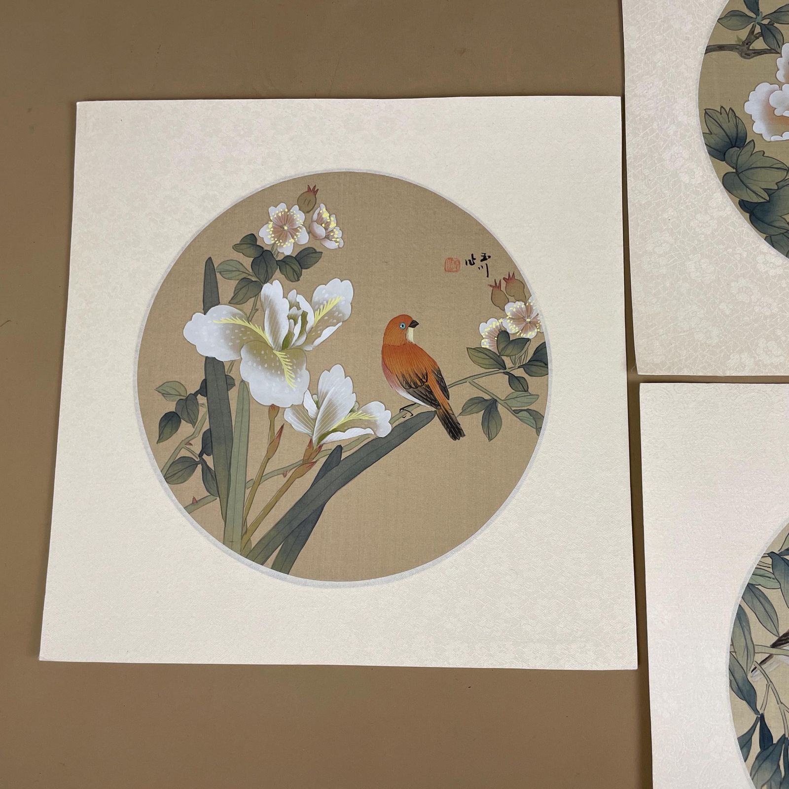 Trio Oriental Pictures Birds Flowers Hand Painted Silk Botanical Floral Unframed Asian Blossom Set Of 3 Paintings Mounted photo Art