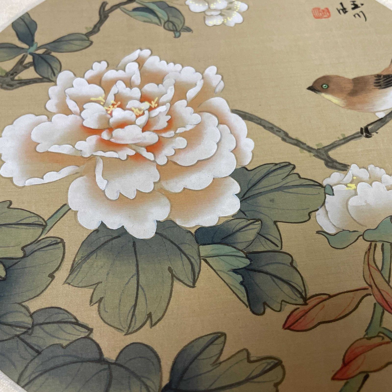 Trio Oriental Pictures Birds Flowers Hand Painted Silk Botanical Floral Unframed Asian Blossom Set Of 3 Paintings Mounted photo vinterior