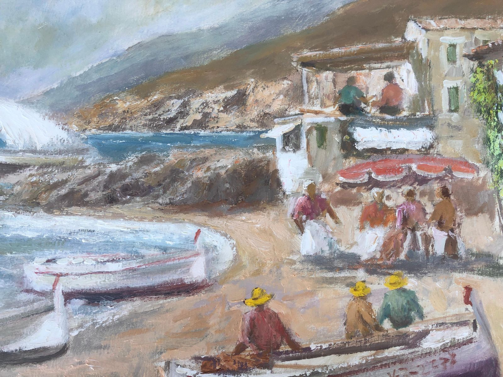 Francisco Carbonell Massabé – Mediterraan Vissersdorp Aan Het Strand, Olieverfchilderij, Spaans Kustleven, Jaren 1990 photo buy