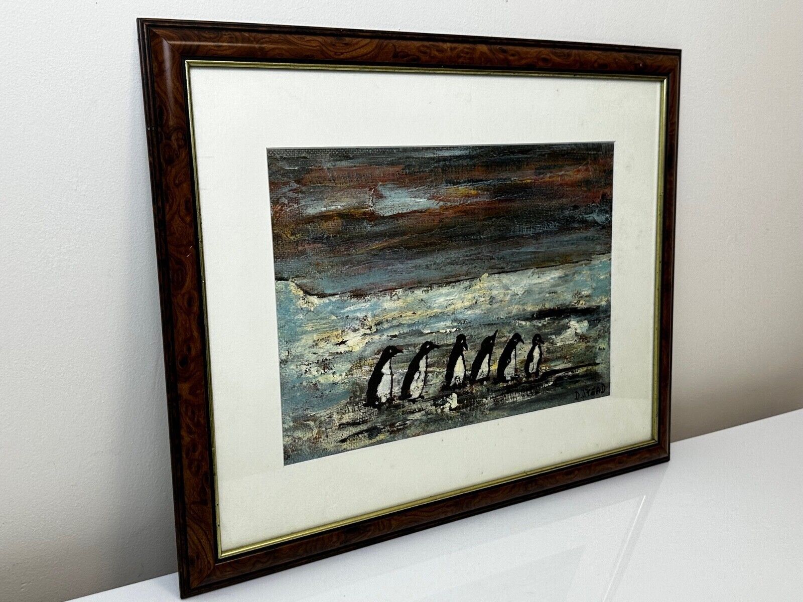Impressionist Oil Painting Of Penguins, Antarctica – Signed D. Stead, Framed British Artwork photo vintage