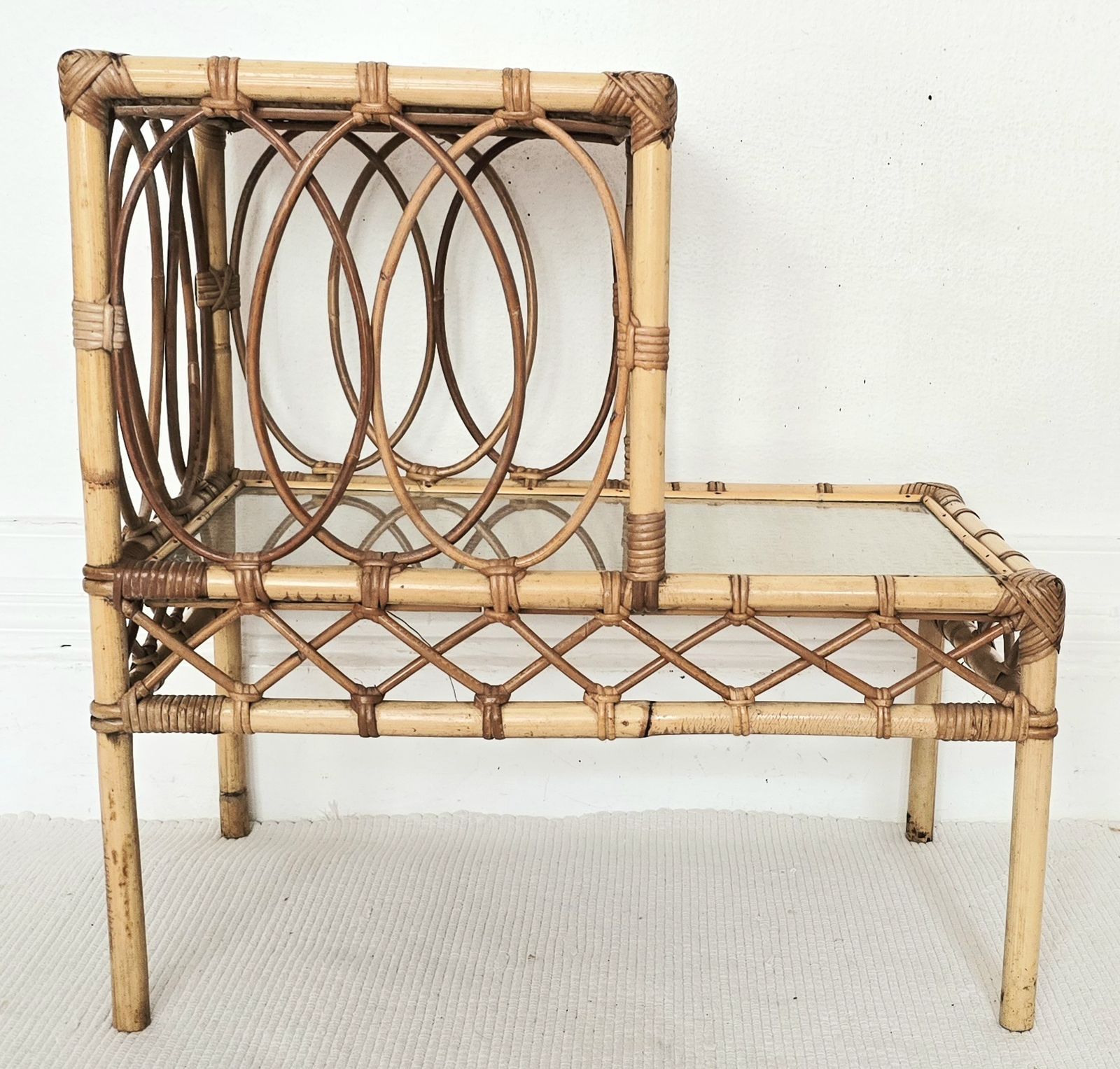A Pair Of Mid Century French Bamboo & Glass Tiered Bedside Tables. photo for sale