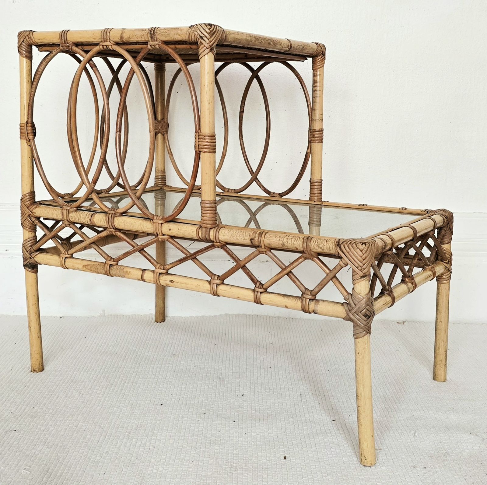 A Pair Of Mid Century French Bamboo & Glass Tiered Bedside Tables. photo vinterior