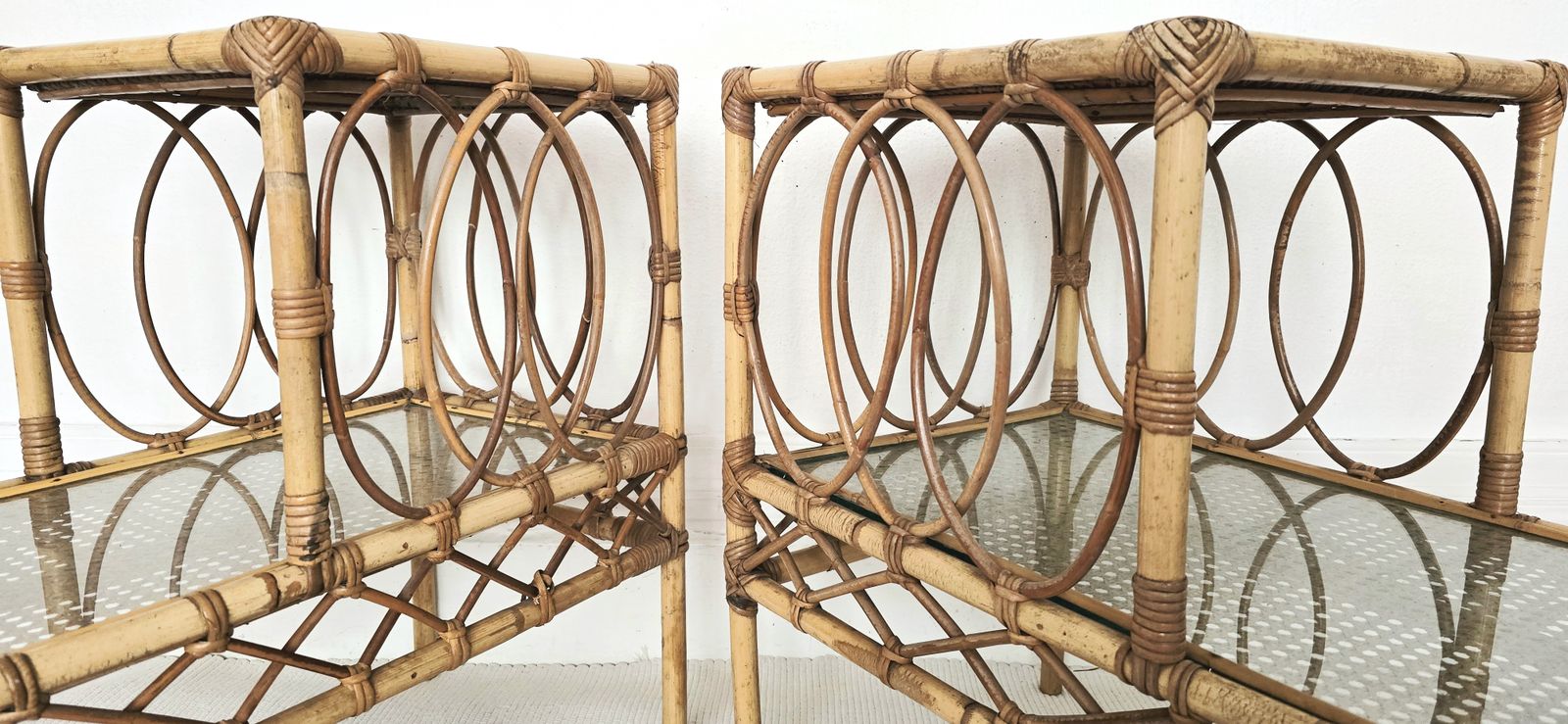A Pair Of Mid Century French Bamboo & Glass Tiered Bedside Tables. photo vintage