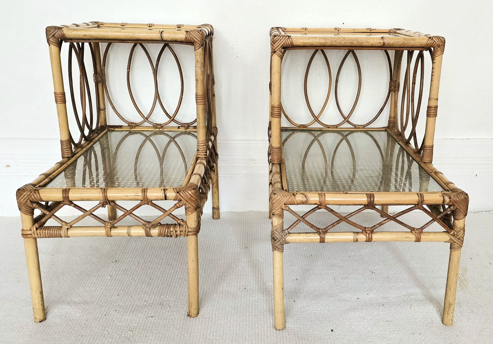 Furniture A Pair Of Mid Century French Bamboo & Glass Tiered Bedside Tables. photo