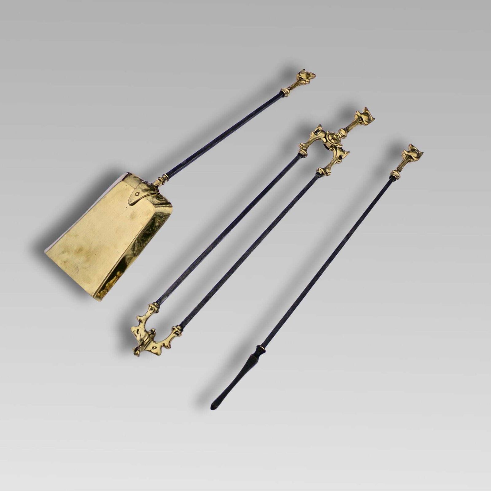 Original Antique Polished Brass & Cast Iron 3 Pc Companion Set Fire Irons Tools photo vintage