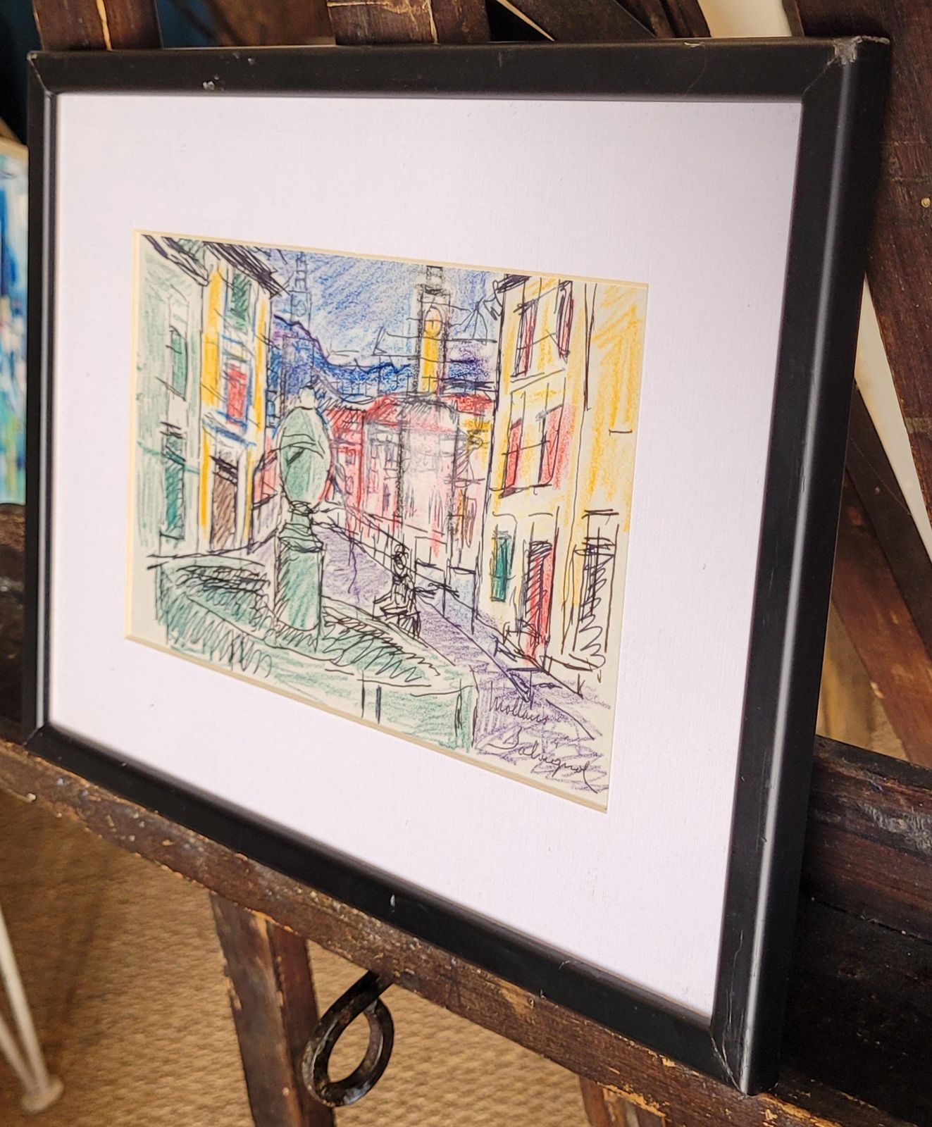 Art Alfred Salvignol French Village Street View With Fountain. Pastel On Paper. 23cm X 30.5cm. photo