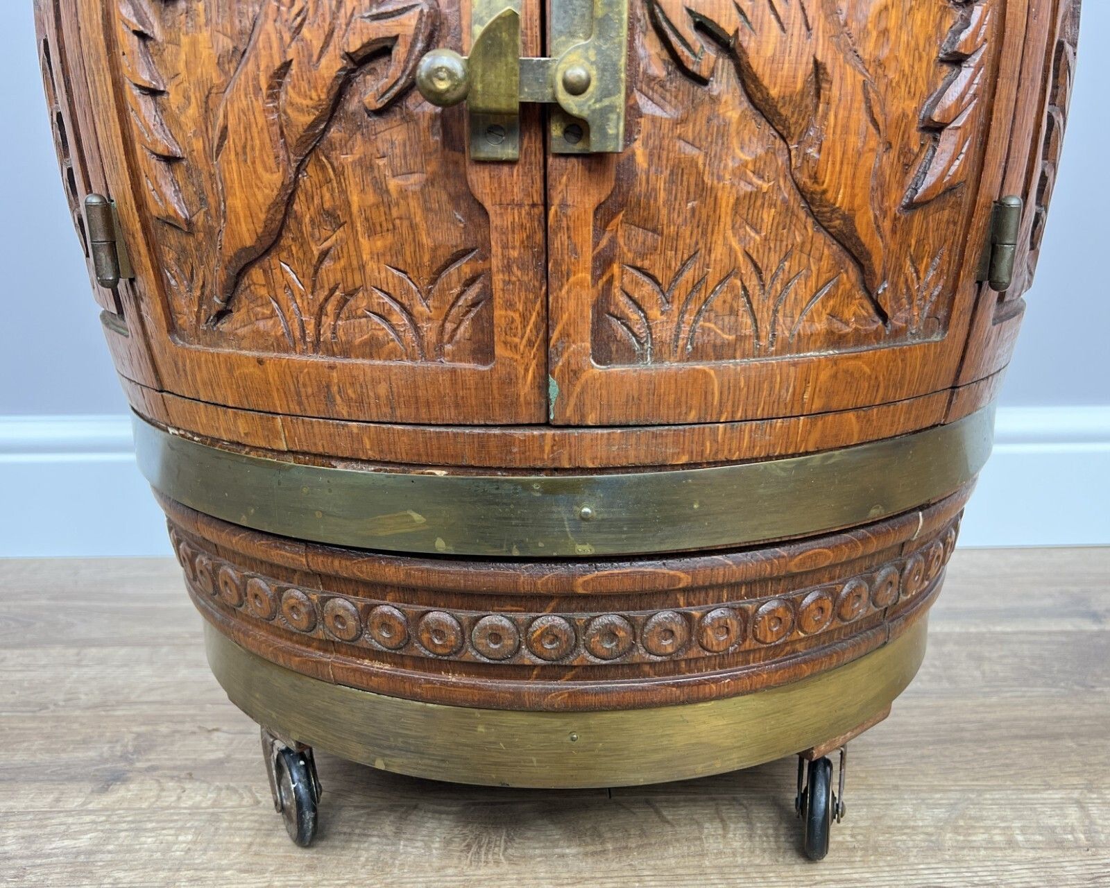 Cabinet Vintage French Style Barrel Drink Cabinet Oak Carved Storage Lot 4962. photo buy