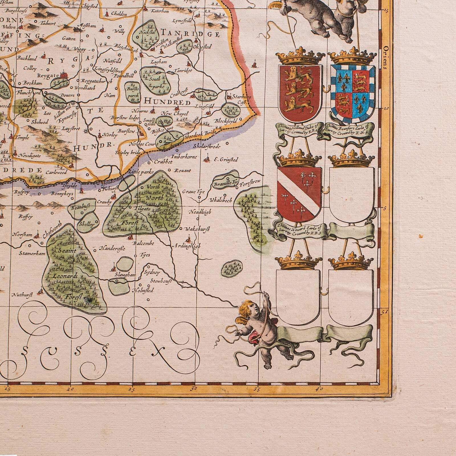 Antique Map Of Surrey, English, Framed County Cartography, After Blaeu, C.1690 photo vintage