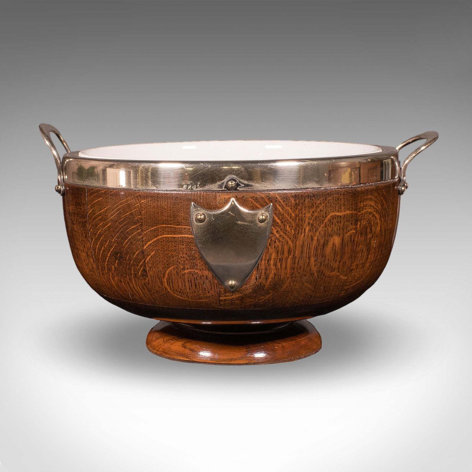 Antique Presentation Prize Bowl, English, Oak, Ceramic, Fruit Dish, Edwardian photo for sale