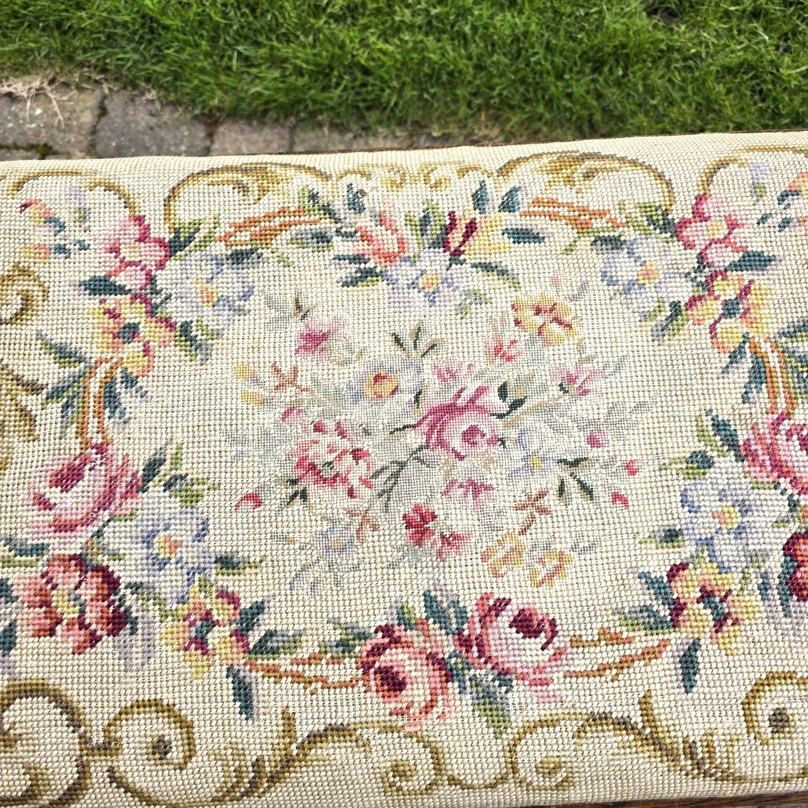 Vintage Wooden Stool Bench Tapestry Woven Floral Arts & Crafts Cottagecore 60 Cm photo for sale