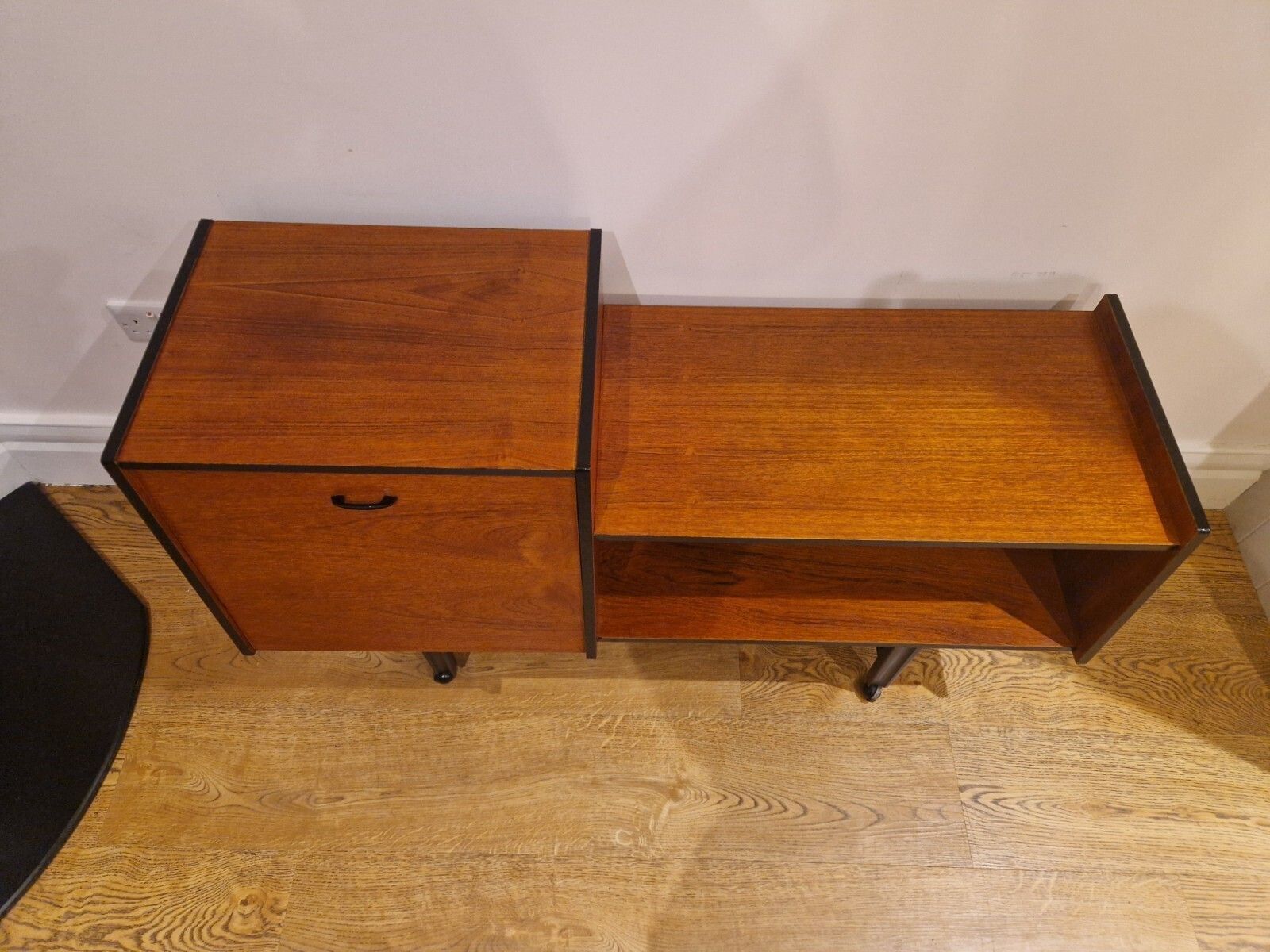 Refurbished Mid Century Modern Teak Record & Media Cabinet With Black Accents photo vinterior
