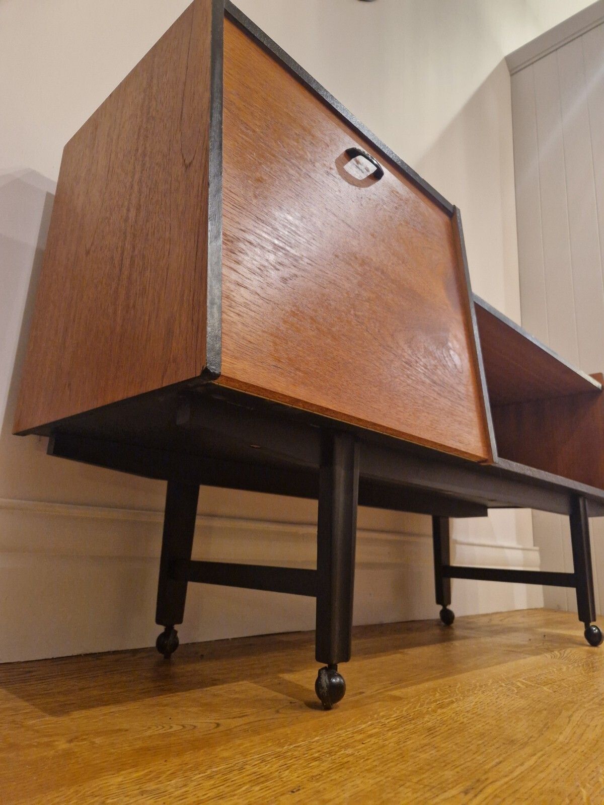 Refurbished Mid Century Modern Teak Record & Media Cabinet With Black Accents photo buy