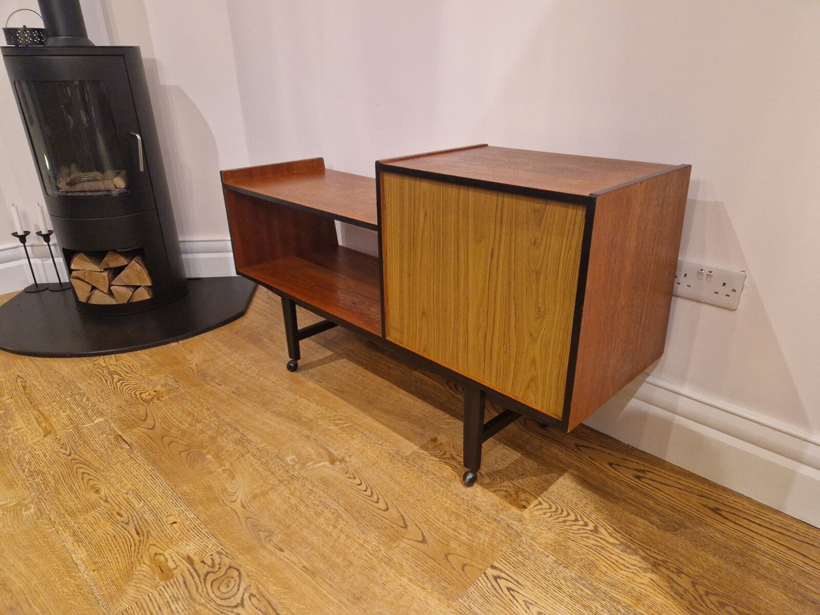 photo vintage Refurbished Mid Century Modern Teak Record & Media Cabinet With Black Accents