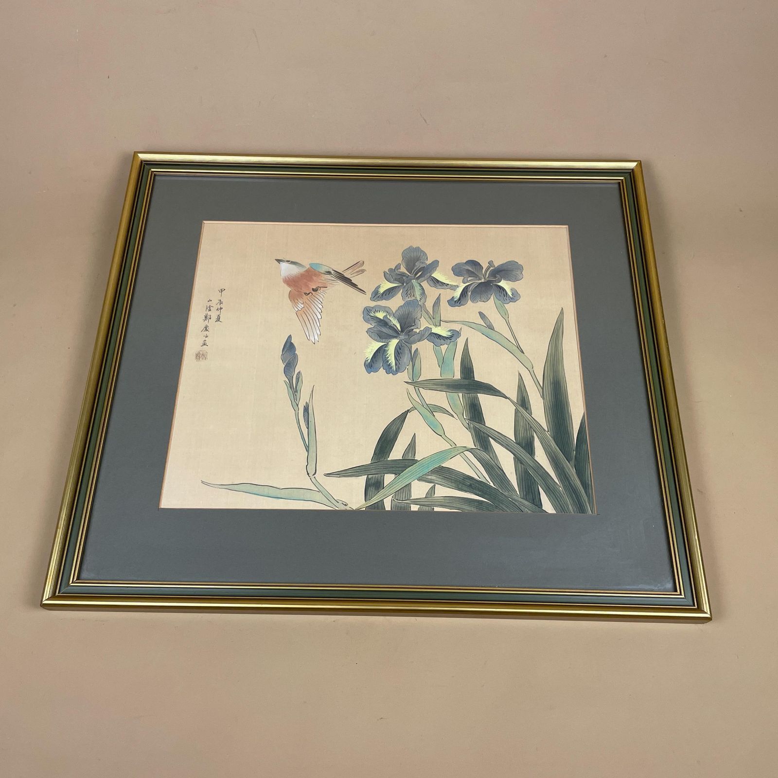 Chinese Silk Bird Flower Framed Art Painting Gold Wood Frame Blue Floral Picture Oriental Wall Decor Asian Hand Painted On Silk