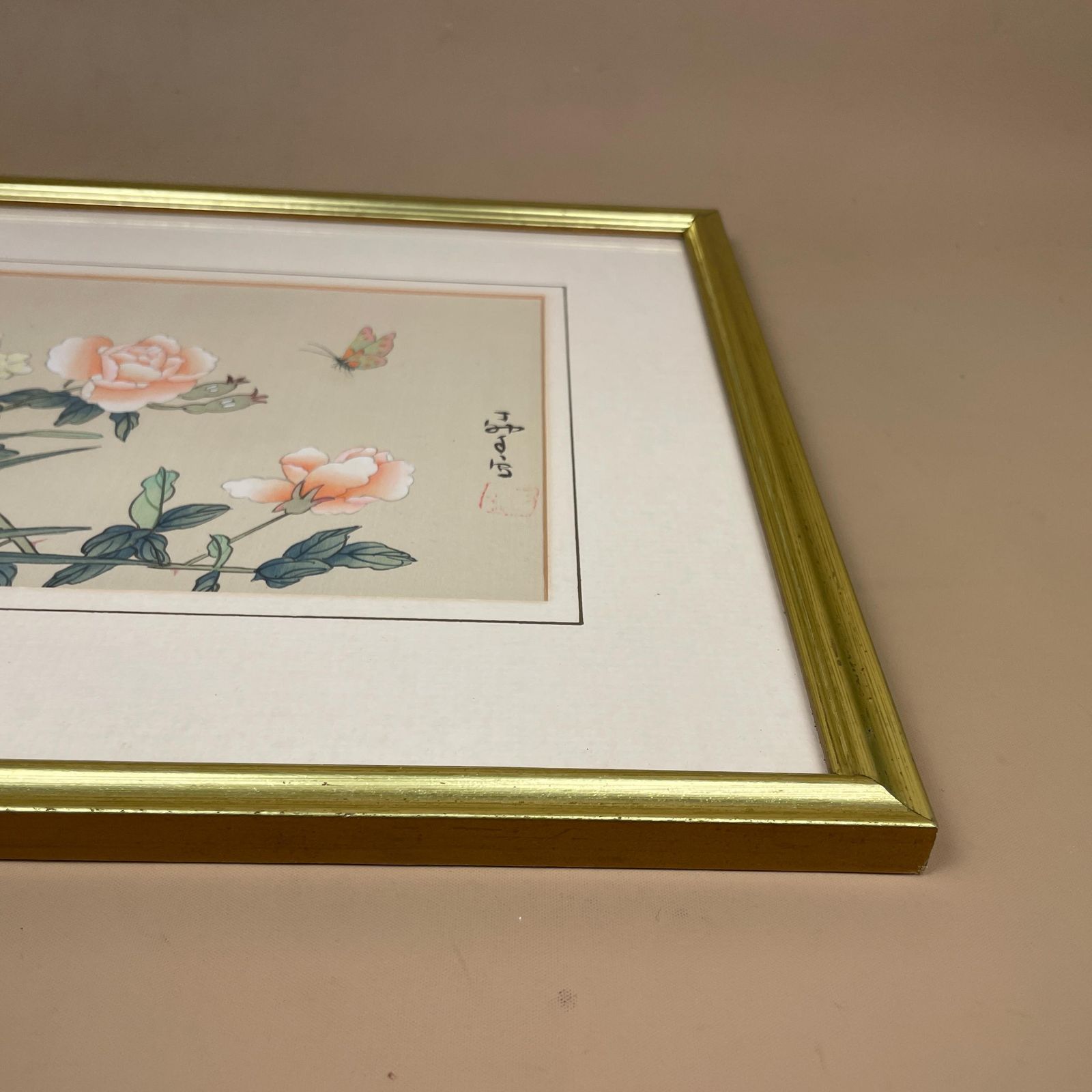 Butterly Flower Picture Hand Painted On Silk Oriental Art Gold Wood Frame Botanical Artwork Chinese Asian Style photo vinterior