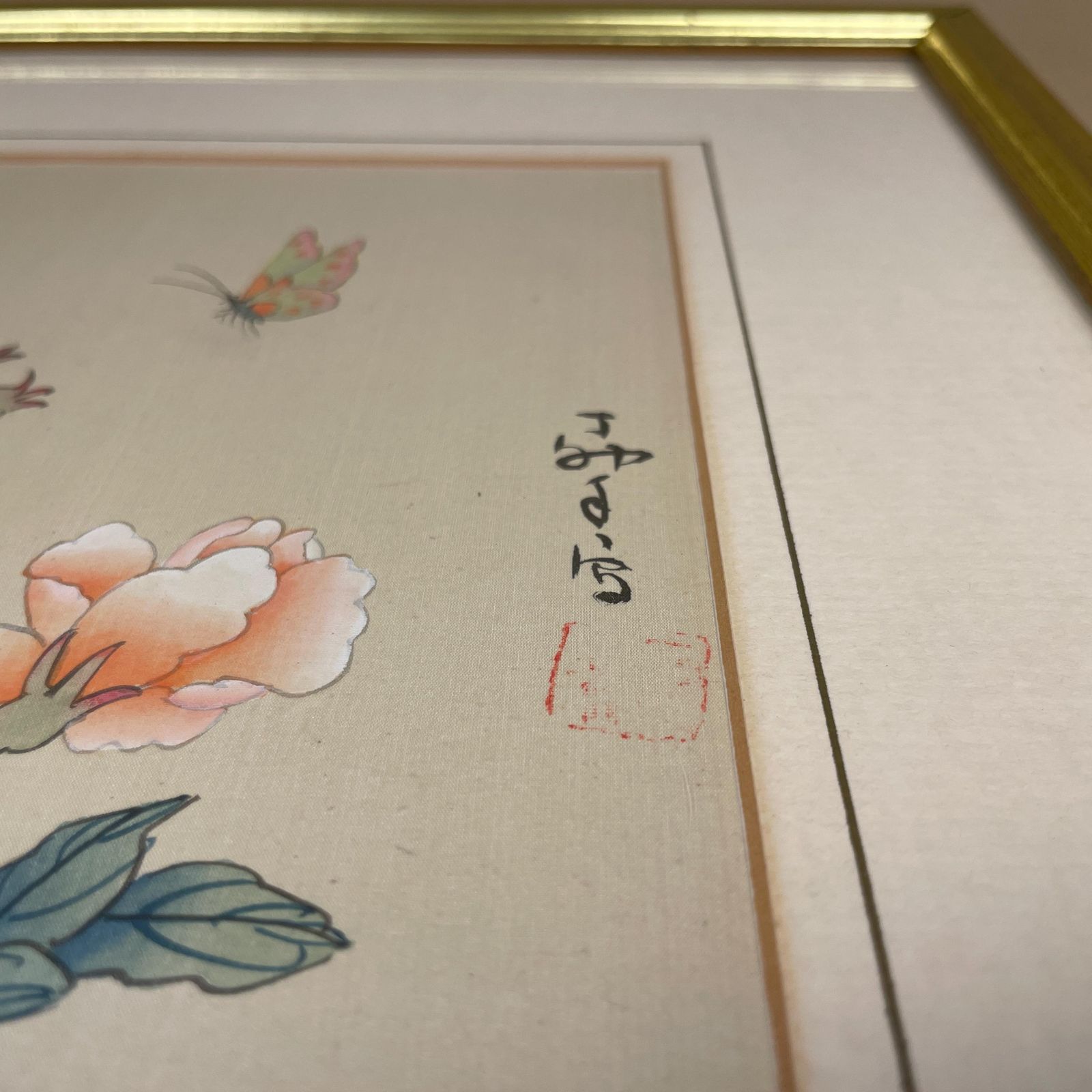Butterly Flower Picture Hand Painted On Silk Oriental Art Gold Wood Frame Botanical Artwork Chinese Asian Style photo buy