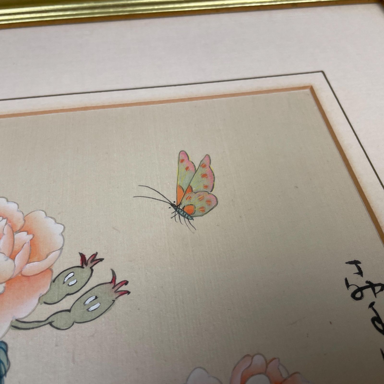 Butterly Flower Picture Hand Painted On Silk Oriental Art Gold Wood Frame Botanical Artwork Chinese Asian Style photo vintage