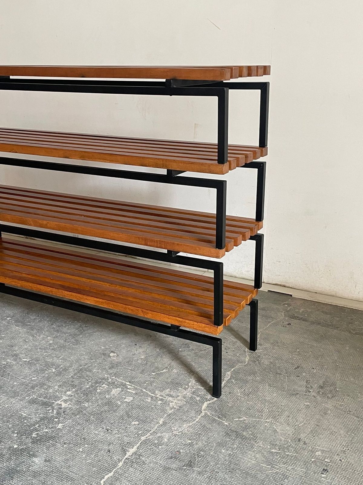 Set Of Four Bench, Solid Oak Wood And Iron Legs, Perriand Style, France 1970s photo for sale
