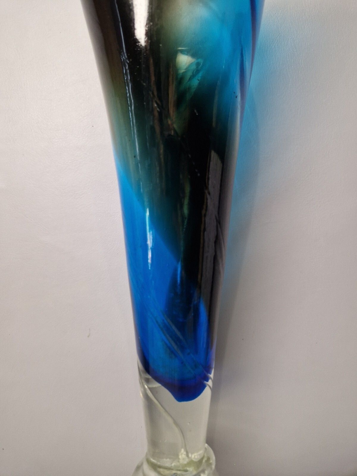 Tall Blue Swirl Art Glass Trumpet Vase Murano With Sticker Retro Glass photo for sale