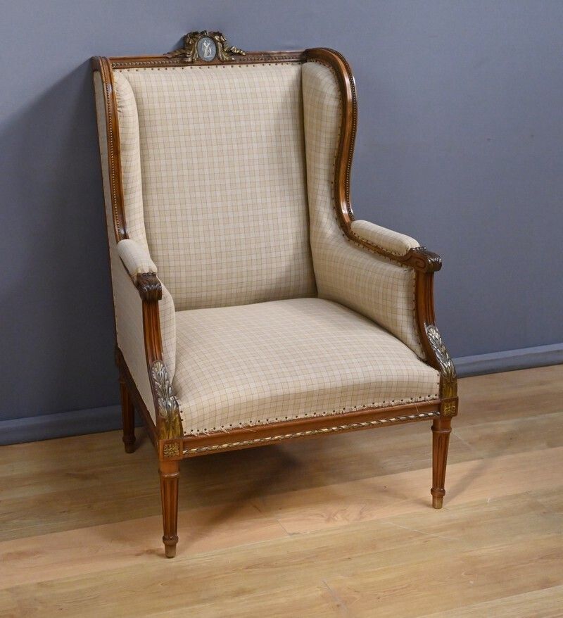Bergère Armchair With Walnut Ears, Louis XVI Style – Late 19th Century photo for sale