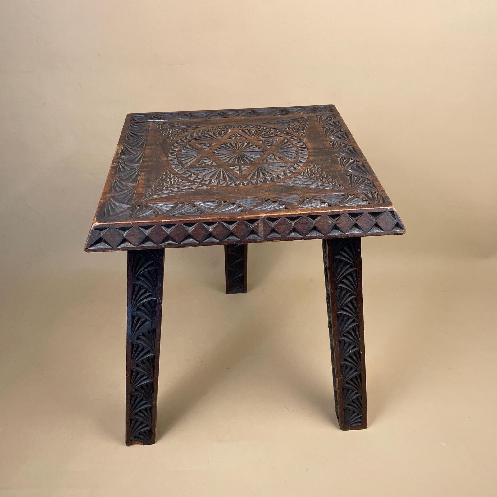 Hand Carved Wooden End Table Patterned Handcrafted Top Square Brown Table Vintage Decor Country Cottage Furniture Tripod Pattern 3 Legs Side photo 135.0