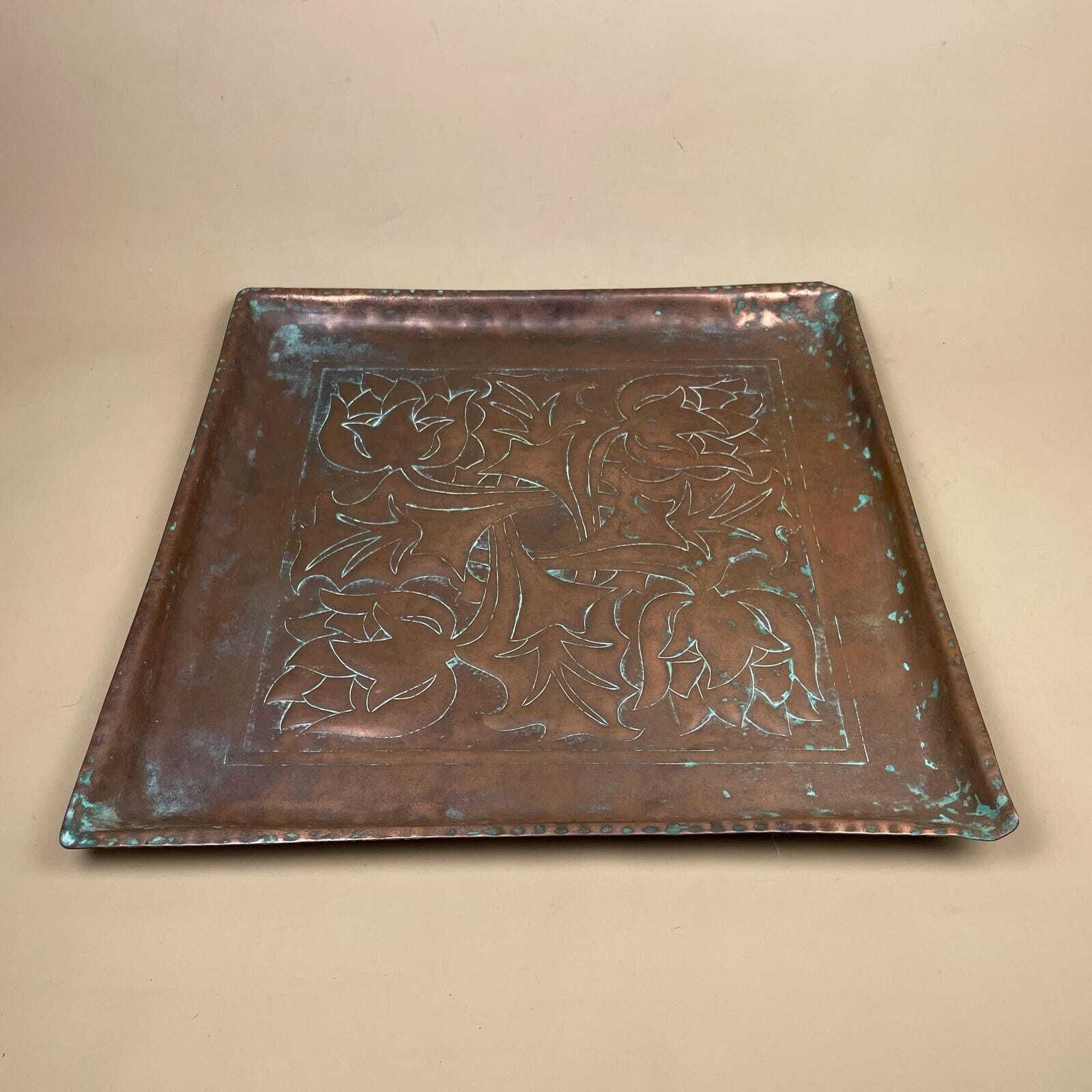 Art Nouveau Antique Metal Copper Tray Square Shape Plate Handmade Art Intricate Vintage Decorative Traditional Serving Display Patterned photo for sale