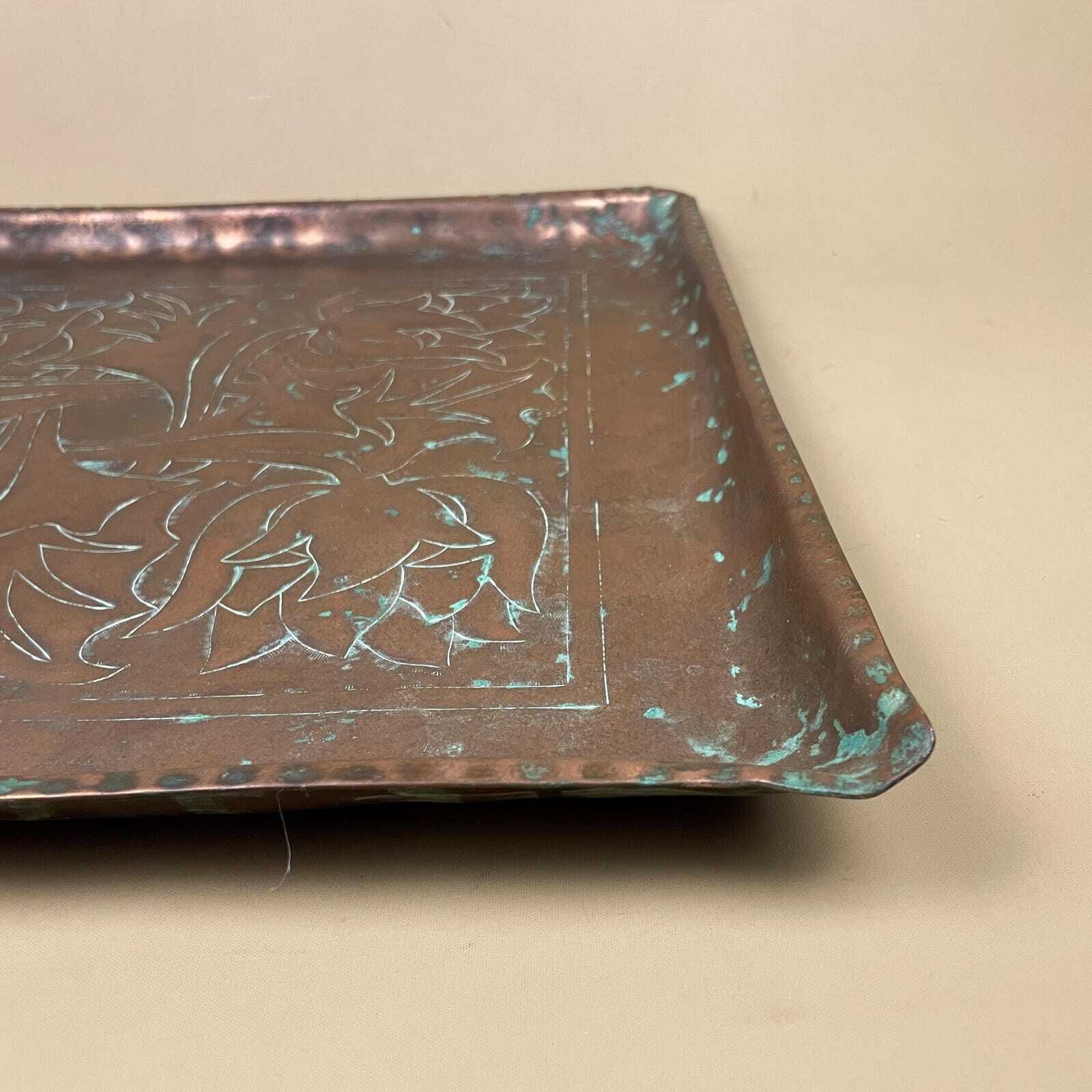 Art Nouveau Antique Metal Copper Tray Square Shape Plate Handmade Art Intricate Vintage Decorative Traditional Serving Display Patterned photo vinterior