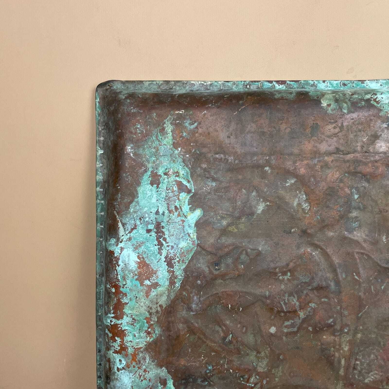 Home Decor Art Nouveau Antique Metal Copper Tray Square Shape Plate Handmade Art Intricate Vintage Decorative Traditional Serving Display Patterned photo