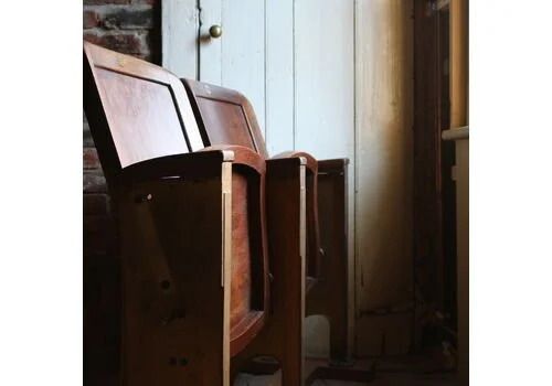 Antique English Beech & Cast Iron Folding Cinema Seats — Brass Numbered Pair, Early 20th Century photo furniture