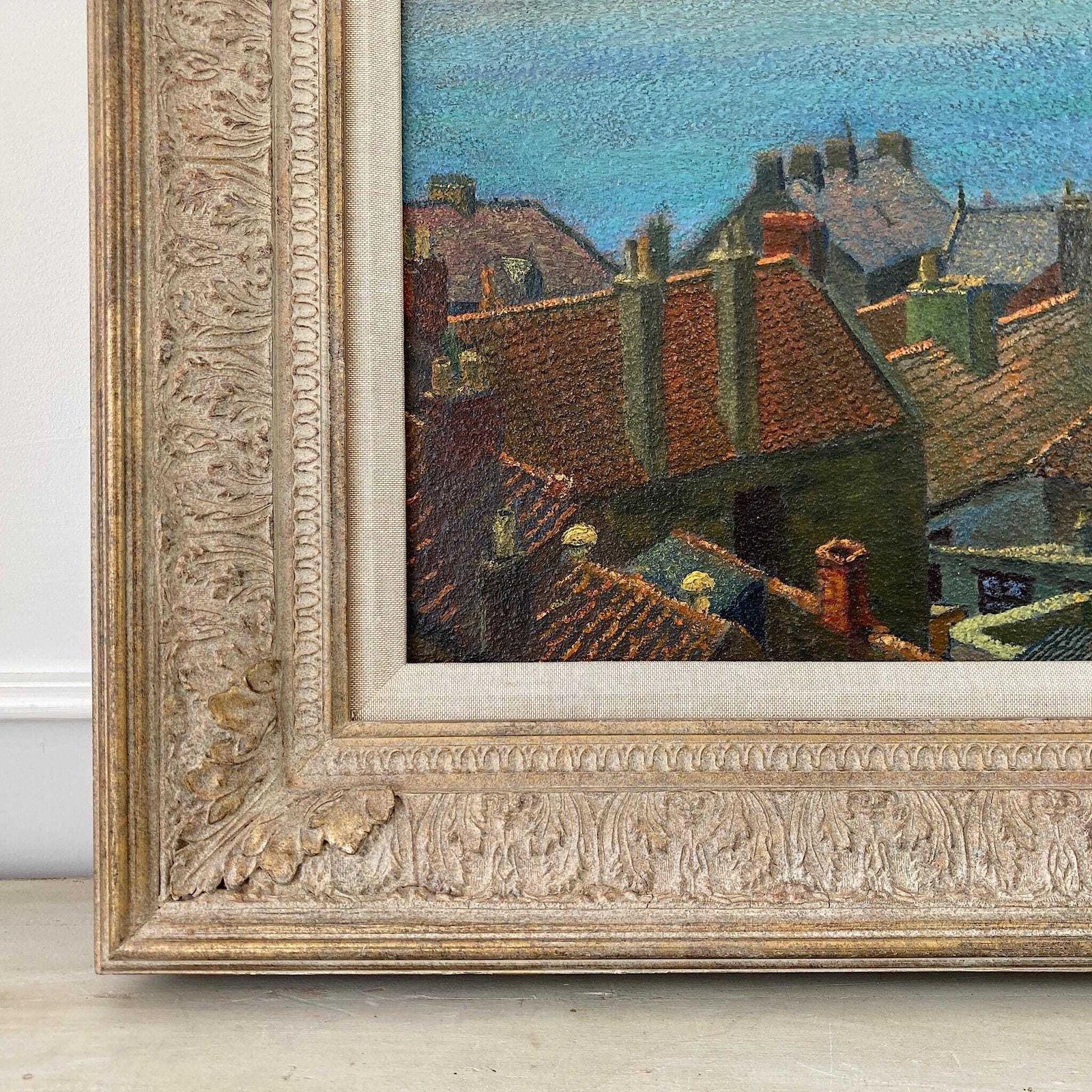Rooftops To The Sea – British Vintage Oil On Board Framed Painting photo vintage