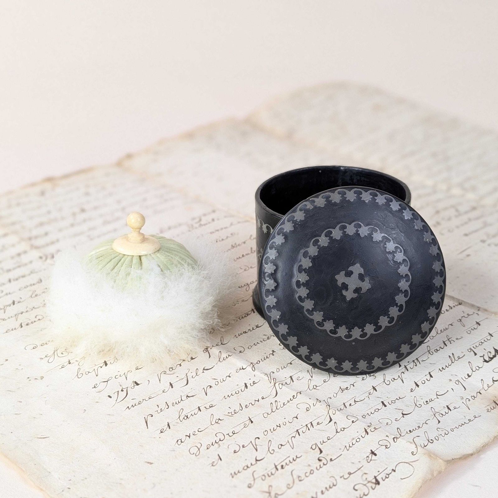 Antique French Powder Box Original Puff, Ebonized Paper Mache Metal Inlay Vanity Jar, 19th Century French Boudoir Piece photo for sale